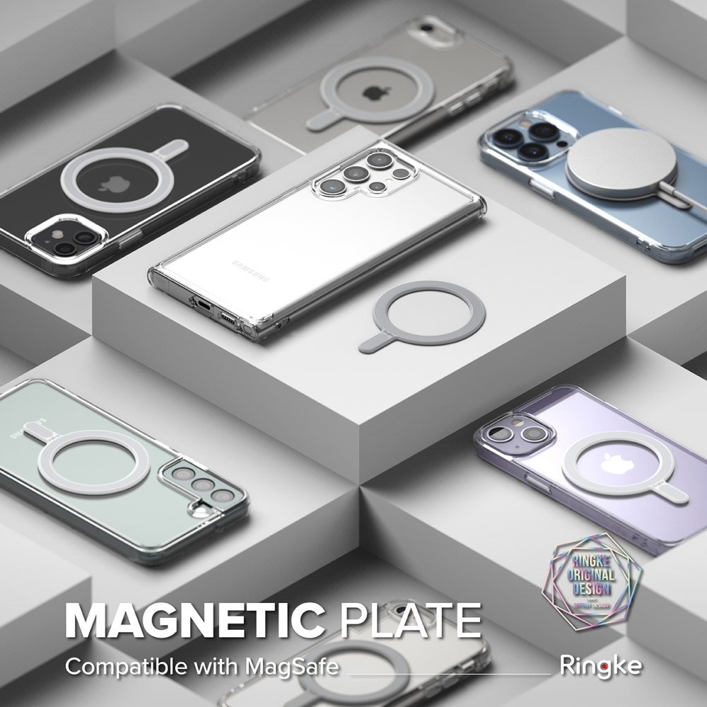 Picture of Ringke Magnetic Plate Compatible with MagSafe Accessories Universal Adhesive Magnet Stickers with PU leather covered with Installation Attachment Guide (White)
