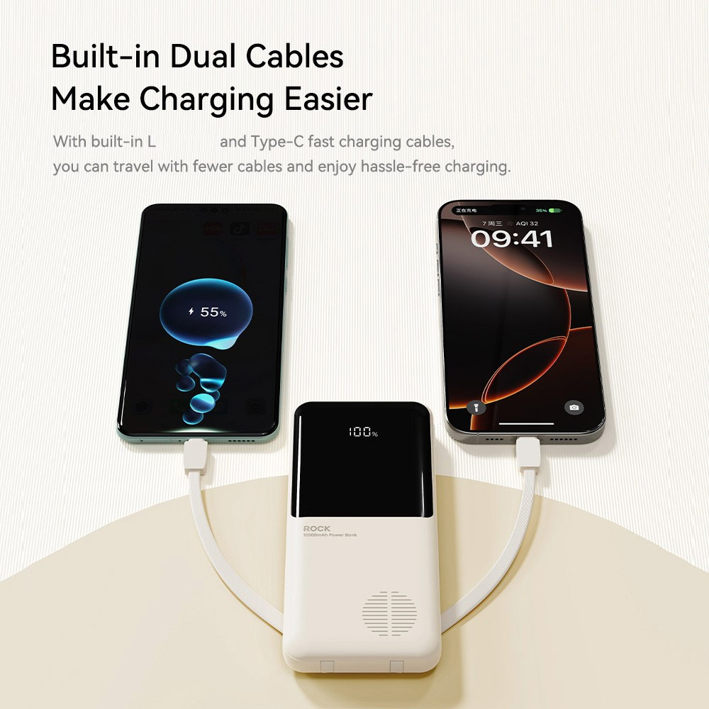 Picture of Rock CCC 3C Certified Power Bank Mini Compact Size PD 22.5W 10000mAh Travel Portable Small Palm Size Compact Mini CCC Power Bank powerbank with Multiple Built in Cable USB C USB L