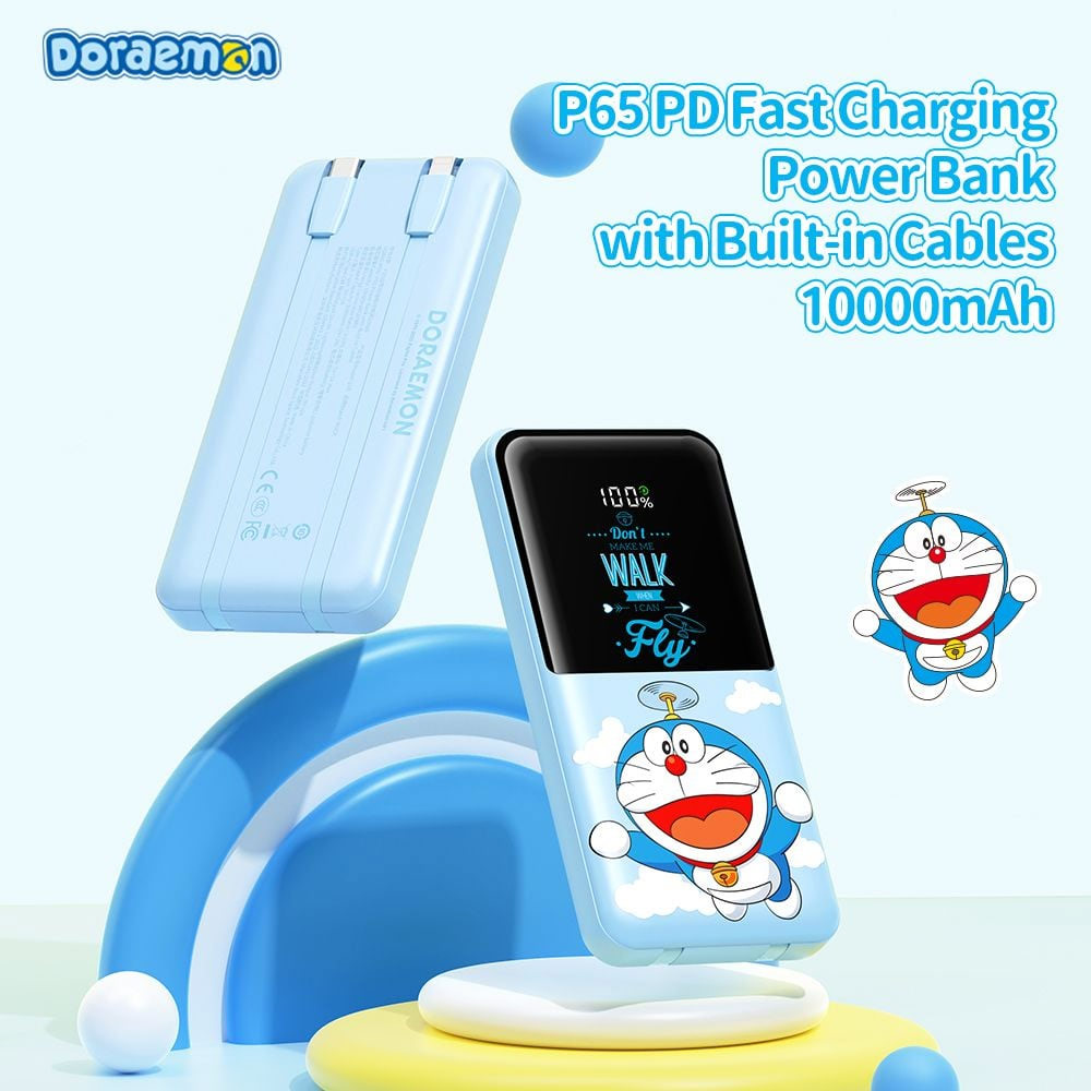 Picture of Rock CCC 3C Certified Power Bank Mini Compact Size PD 22.5W 10000mAh Travel Portable Small Palm Size Compact Mini CCC Power Bank powerbank with Multiple Built in Cable USB C USB L (Doraemon)