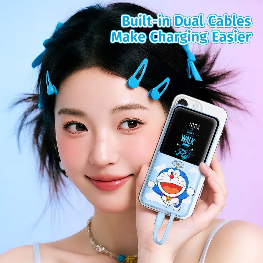 Picture of Rock CCC 3C Certified Power Bank Mini Compact Size PD 22.5W 10000mAh Travel Portable Small Palm Size Compact Mini CCC Power Bank powerbank with Multiple Built in Cable USB C USB L (Doraemon)