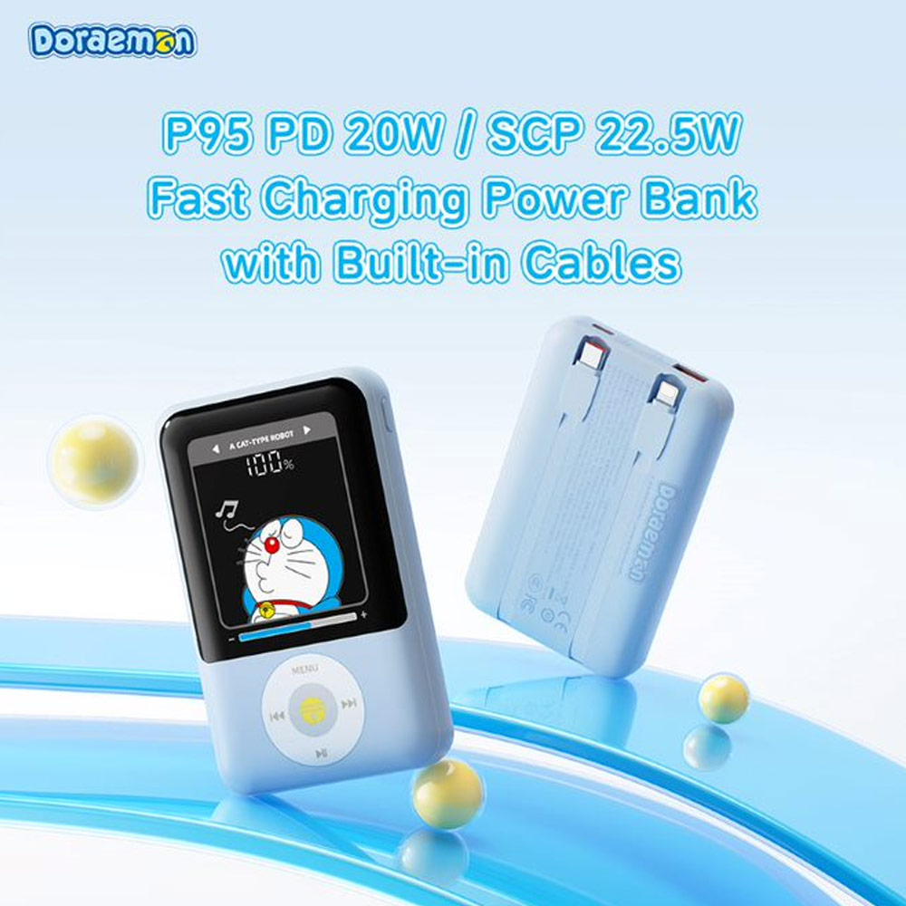 Picture of Rock Mini Compact Size PD 20W 20000mAh Travel Portable Small Palm Size Compact Mini Power Bank powerbank with Multiple Built in Cable USB C USB L (Doraemon)