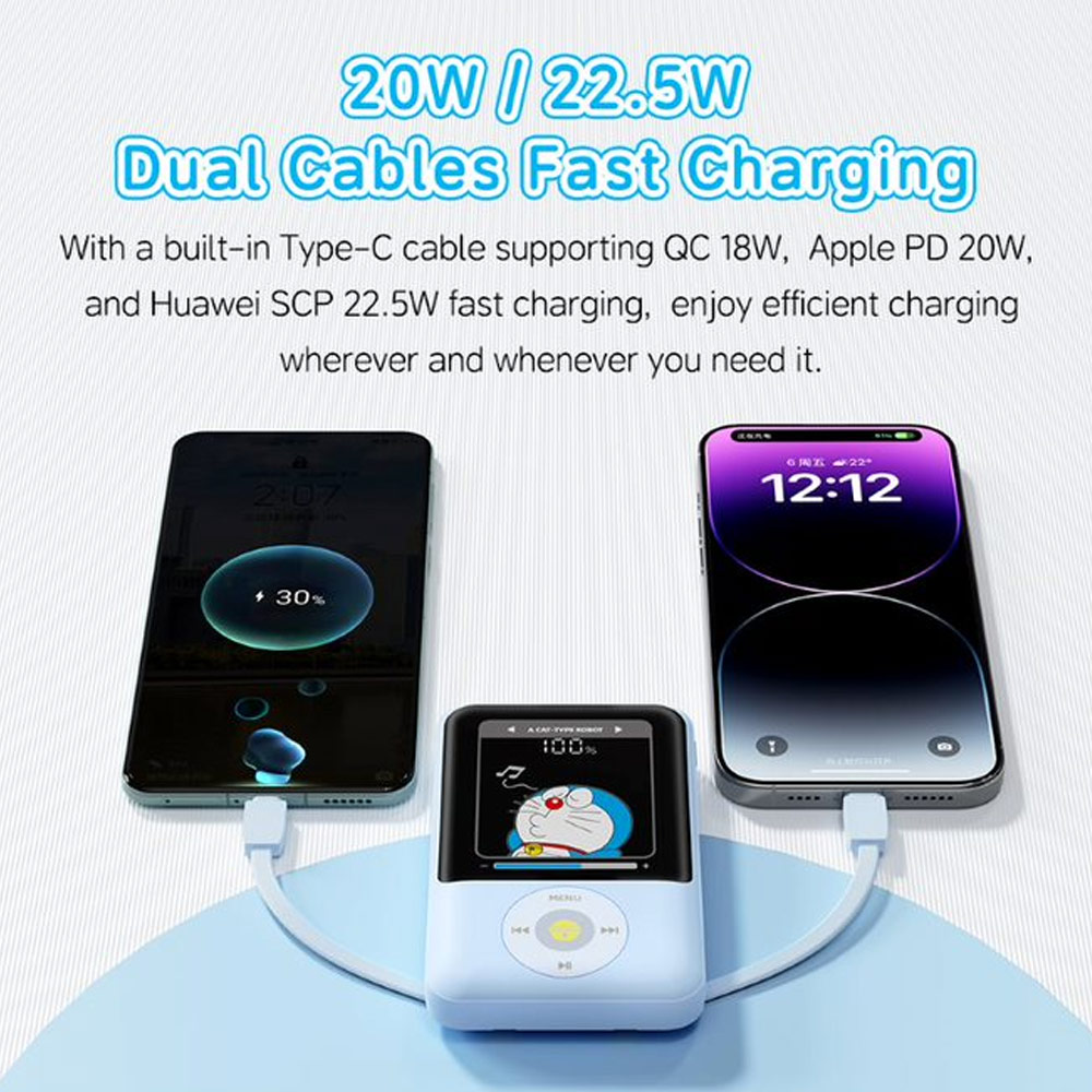 Picture of Rock Mini Compact Size PD 20W 20000mAh Travel Portable Small Palm Size Compact Mini Power Bank powerbank with Multiple Built in Cable USB C USB L (Doraemon)