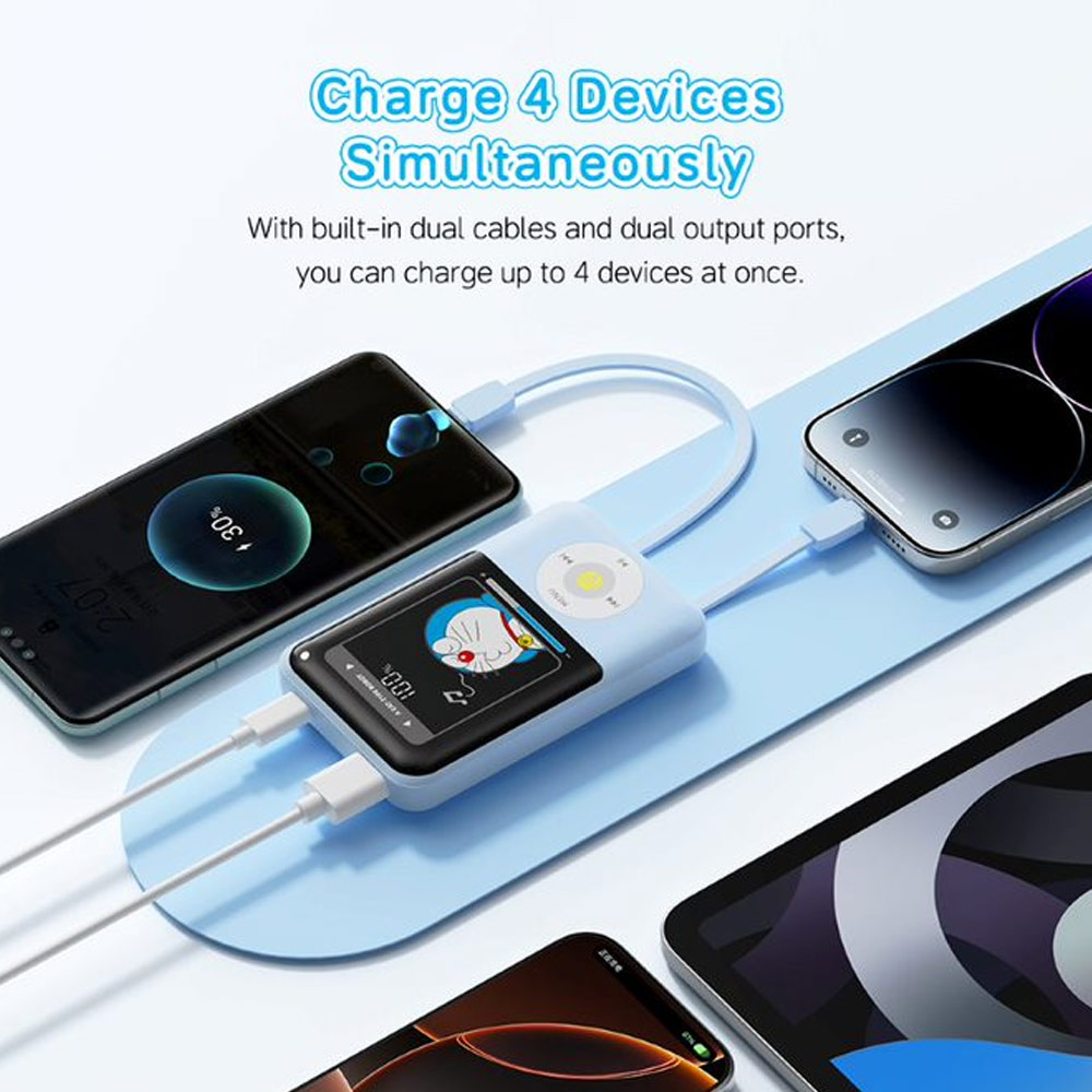 Picture of Rock Mini Compact Size PD 20W 20000mAh Travel Portable Small Palm Size Compact Mini Power Bank powerbank with Multiple Built in Cable USB C USB L (Doraemon)