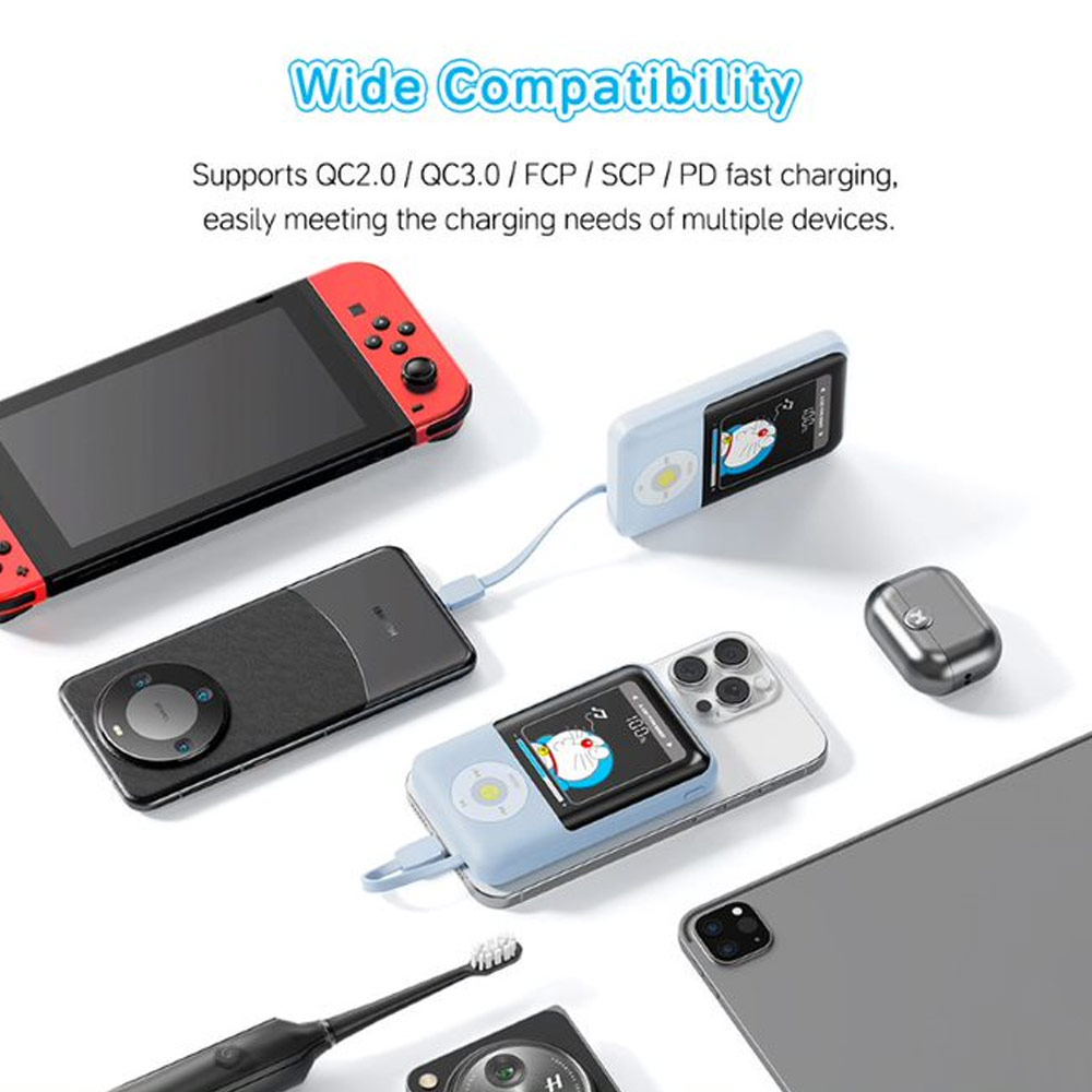 Picture of Rock Mini Compact Size PD 20W 20000mAh Travel Portable Small Palm Size Compact Mini Power Bank powerbank with Multiple Built in Cable USB C USB L (Doraemon)