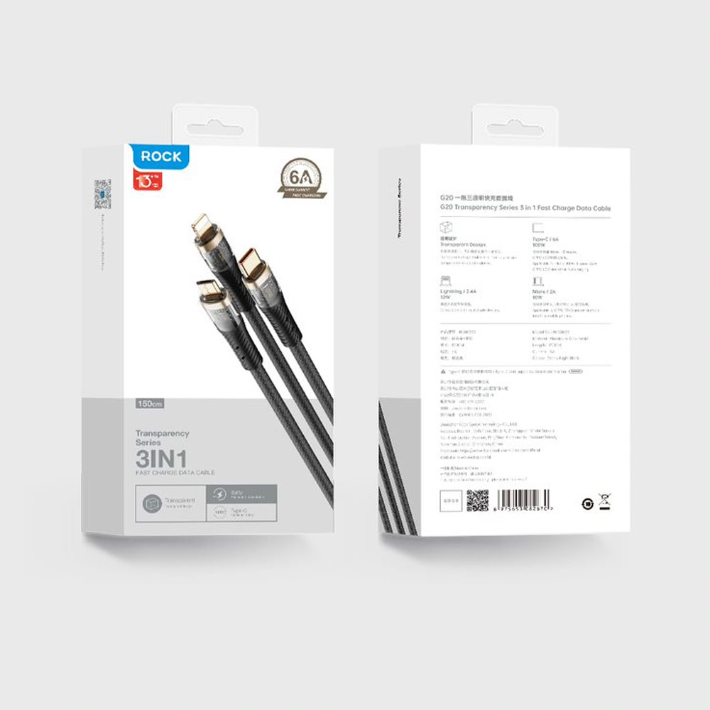 Picture of ROCK 3 in 1 USB Cable 100W Fast Charging Type C Micro PD Lightning Cable For iPhone  Xiaomi Samsung VOOC OPPO OnePlus Realme Fast Charge (Khakis White)