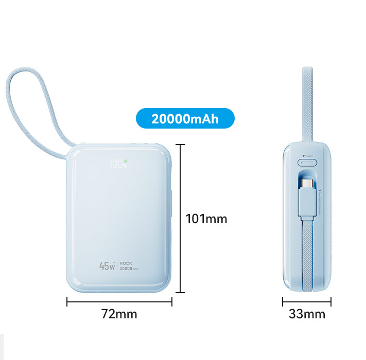 Picture of ROCK Interstellar CCC Certified 45W Power Bank with Built-in Cables 20000mAh Travel Portable Small Palm Size Compact Mini Power Bank powerbank with Multiple Built in Cable USB C USB L (White)