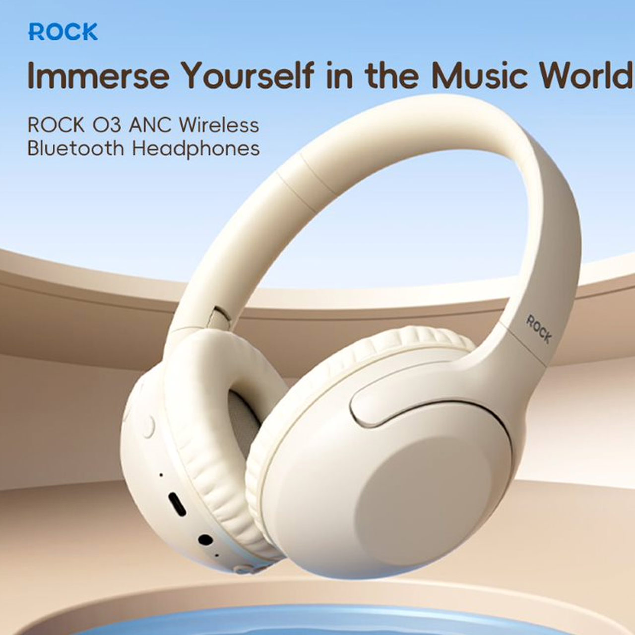 Picture of Rock O3 Bluetooth Wireless Headphone with ANC noise cancellation Foldable Soft PU Over Ear Cushion (Beige)