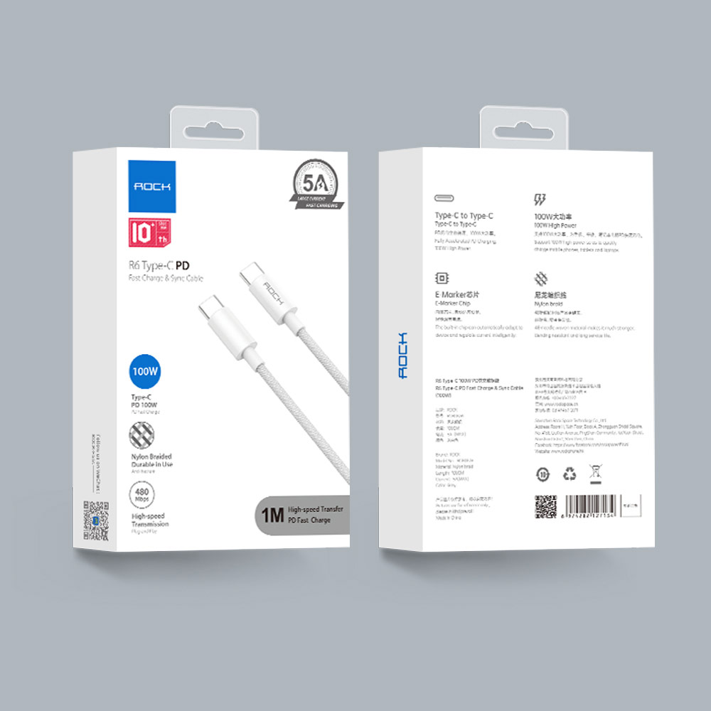 Picture of ROCK Type C to C 100W 5A PD Fast Charge Flash Charge Cable for iPad Pro 11 Huawei Xiaomi Samsung Galaxy Ultra 22 (White)