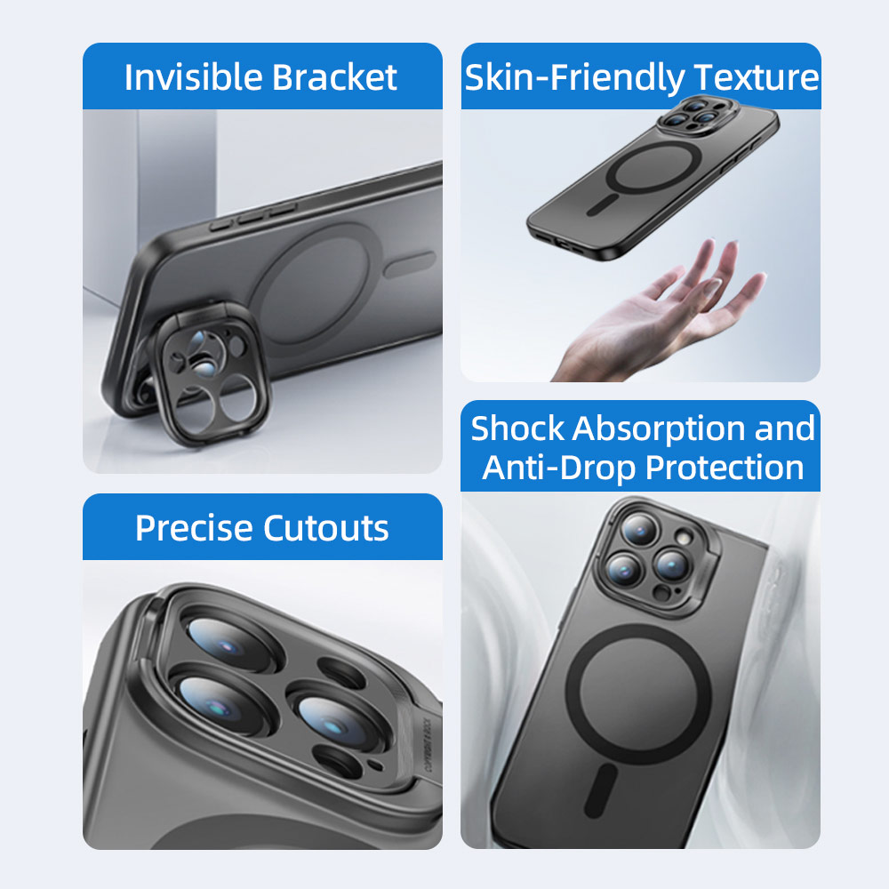 Picture of Apple iPhone 15 Pro Max 6.7 Case | Rock Guard Foldable Lens Bracket Kickstand Magnetic Drop Protection Case for iPhone 15 Pro Max 6.7 (Black)