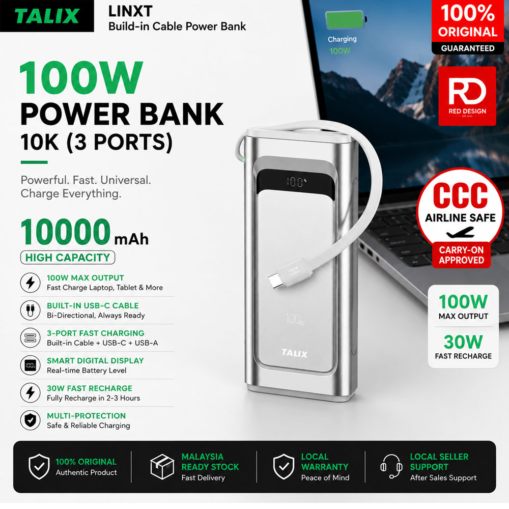 Picture of TALIX Linxt Build-in Cable Laptop CCC Travel Power Bank 100W 10000mah (3ports) Red Design- Red Design Cases, Red Design Covers, iPad Cases and a wide selection of Red Design Accessories in Malaysia, Sabah, Sarawak and Singapore 