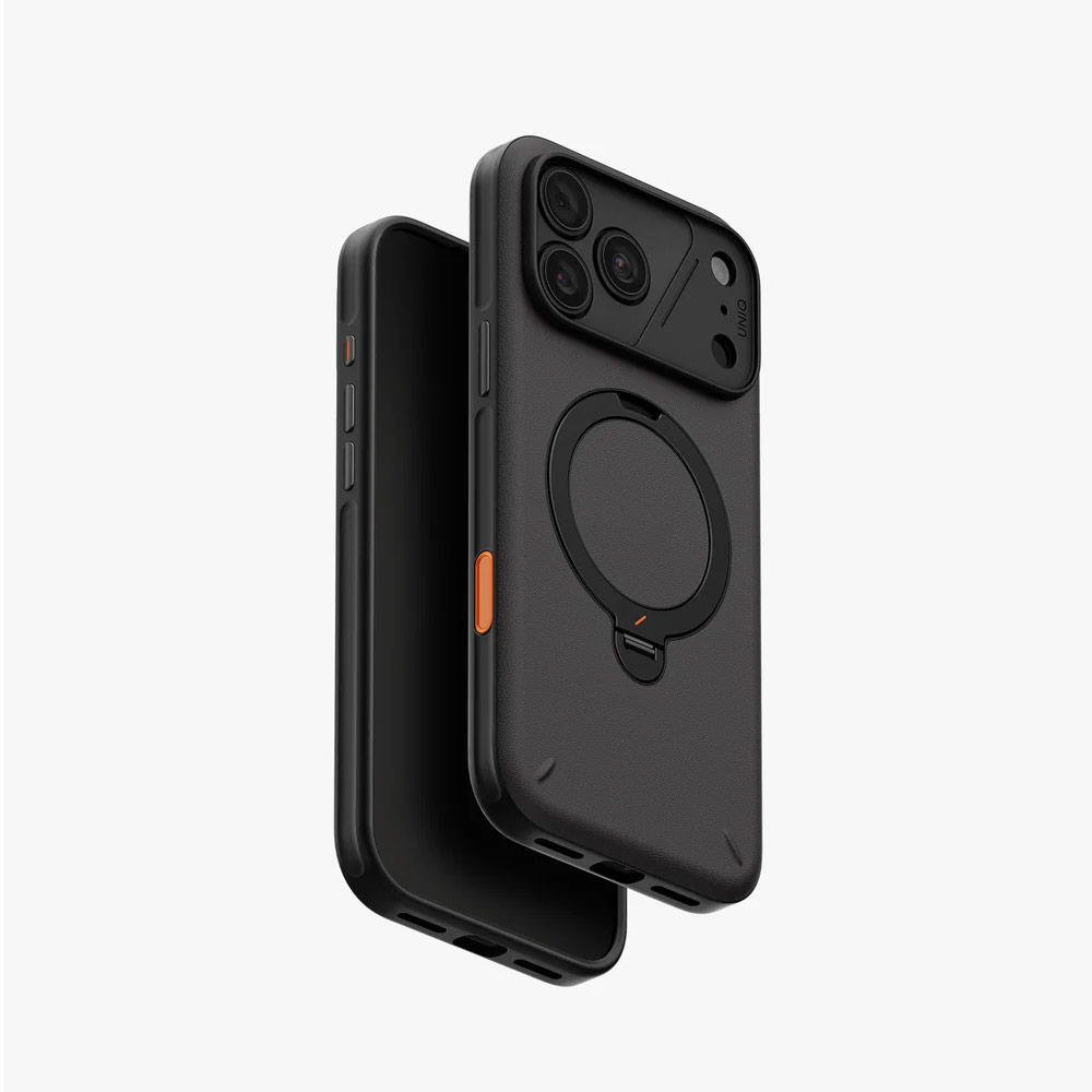 Picture of Apple iPhone 18 Pro Max Case | Uniq Elix 360 Kickstand Leather Drop Protection Magnetic Case with Camera Control Button for iPhone 18 Pro Max  - Charcoal Grey