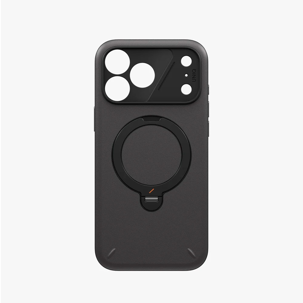 Picture of Apple iPhone 18 Pro Max Case | Uniq Elix 360 Kickstand Leather Drop Protection Magnetic Case with Camera Control Button for iPhone 18 Pro Max  - Charcoal Grey