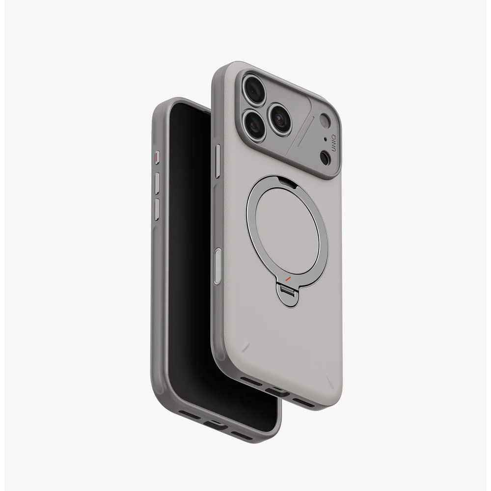 Picture of Apple iPhone 18 Pro Case | Uniq Elix 360 Kickstand Leather Drop Protection Magnetic Case with Camera Control Button for iPhone 18 Pro - Cloud Stone