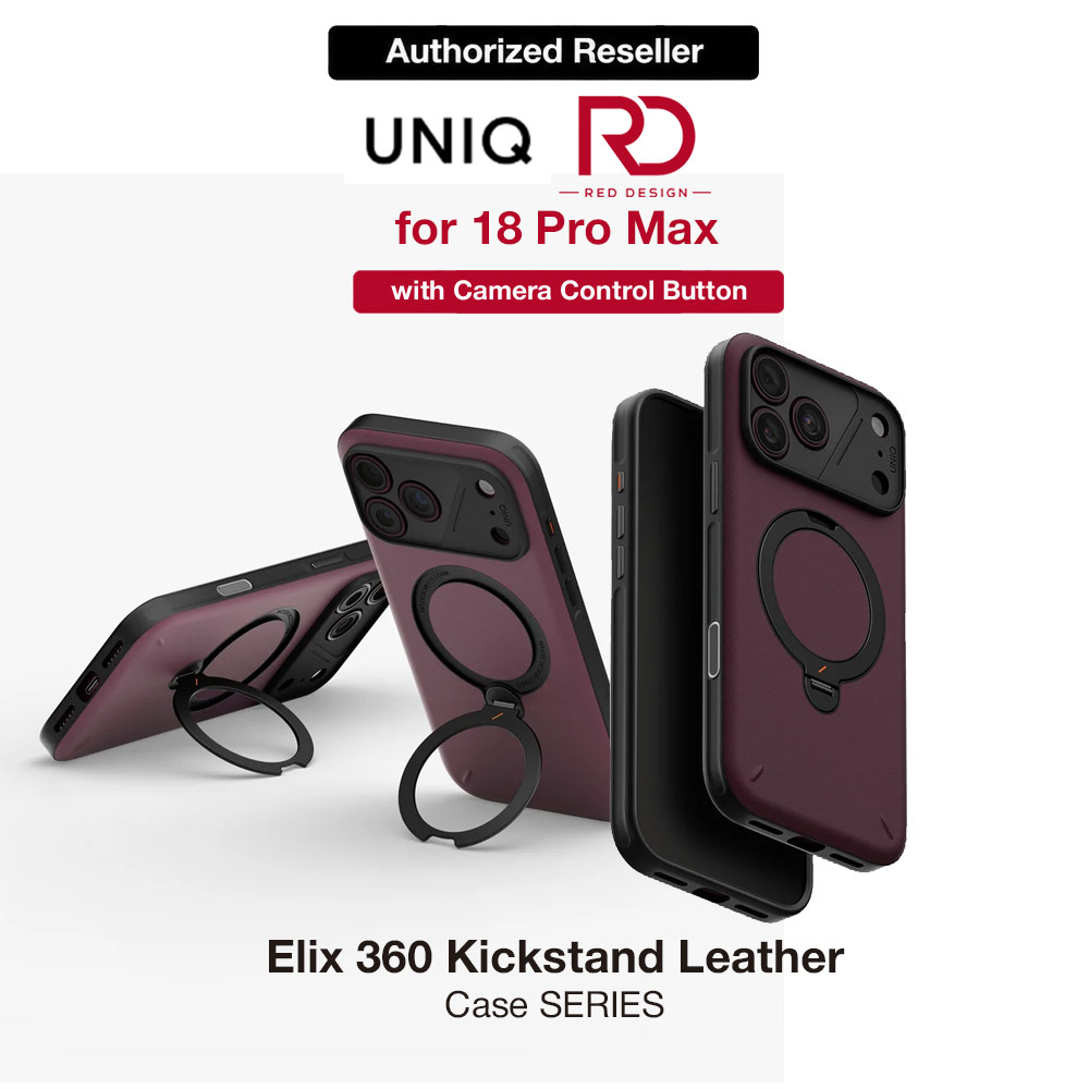 Uniq Elix 360 Kickstand Leather Drop Protection Magnetic Case with Camera Control Button for iPhone 18 Pro Max  - Deep Maroon