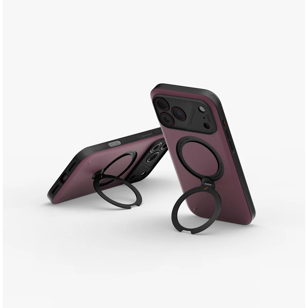Picture of Apple iPhone 18 Pro Case | Uniq Elix 360 Kickstand Leather Drop Protection Magnetic Case with Camera Control Button for iPhone 18 Pro - Deep Maroon