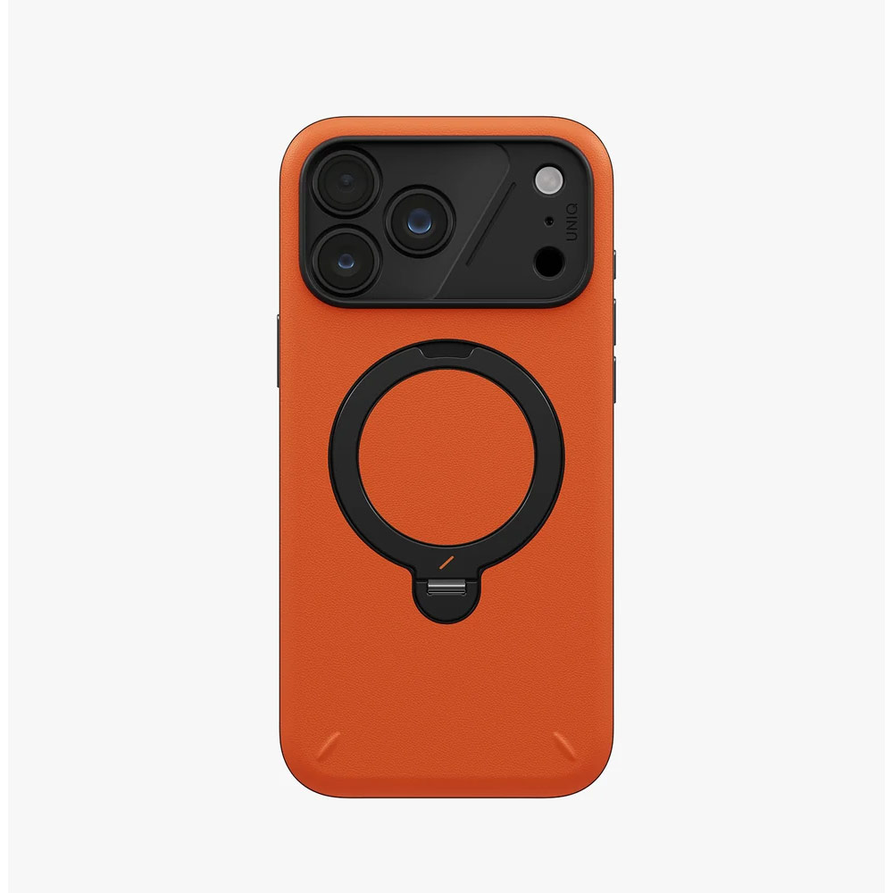 Picture of Apple iPhone 18 Pro Case | Uniq Elix 360 Kickstand Leather Drop Protection Magnetic Case with Camera Control Button for iPhone 18 Pro - Volt Orange