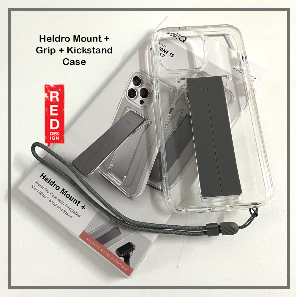 Picture of Apple iPhone 15 Pro 6.1 Case | Uniq Heldro Mount Plus Free Grip Flex Grip Kickstand Drop Protection Case with Wrist Strap for iPhone 15 Pro 6.1 (Clear)