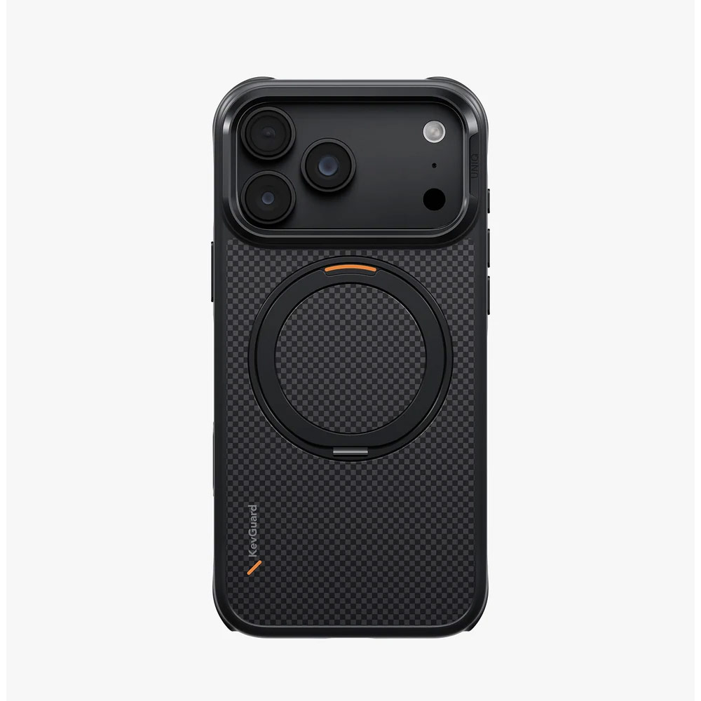Picture of Apple iPhone 18 Pro Max Case | Uniq Keva Mov 360 Kickstand Aramid Magnetic Protection Case with Camera Control Button for iPhone 18 Pro Max - Carbon Black