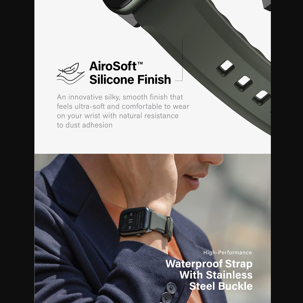 Picture of Apple Watch 42mm  | Uniq Linus Waterproof AiroSoft TM Breathable Silicone Strap Apple Watch 49 Ultra 45mm 44mm 42mm Series 1 2 3 4 5 6 7 SE 8 (Moss Green)