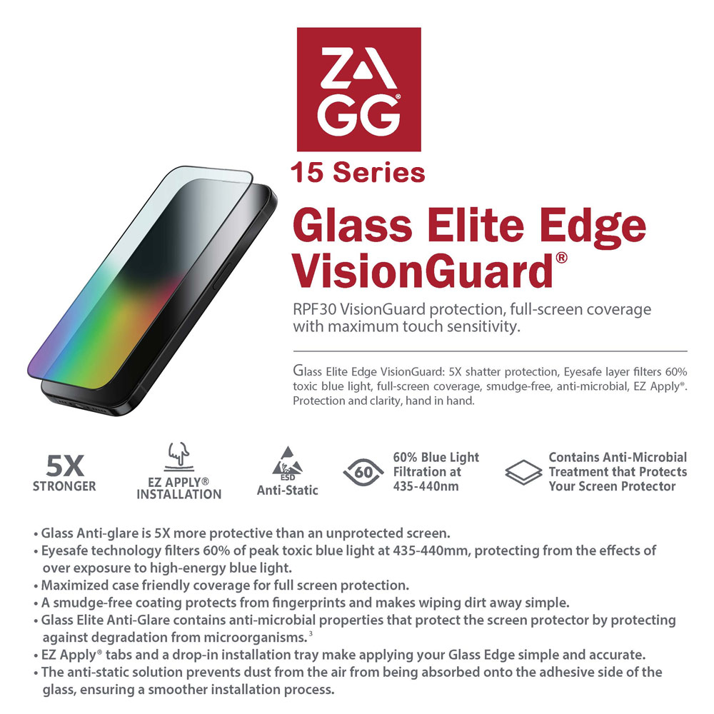 Picture of Apple iPhone 15 6.1 Screen Protector | Zagg Glass Elite Edge RPF30 VG AM Tempered Glass Screen Protector with Easy Installation Tray for iPhone 15 6.1 (Anti Blue)